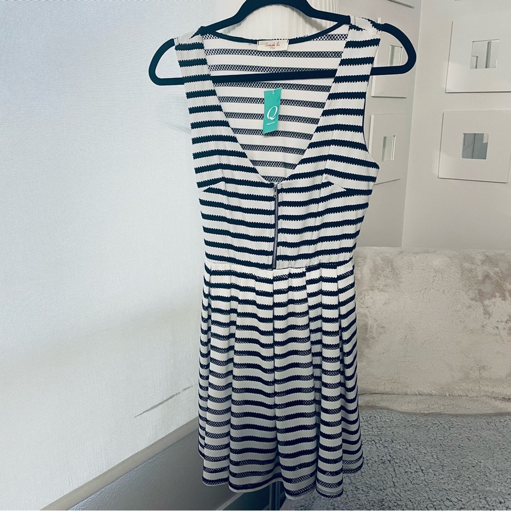 Sarah La Unique  Mini Mesh Peek a Boo Dress in Black/White Stripe